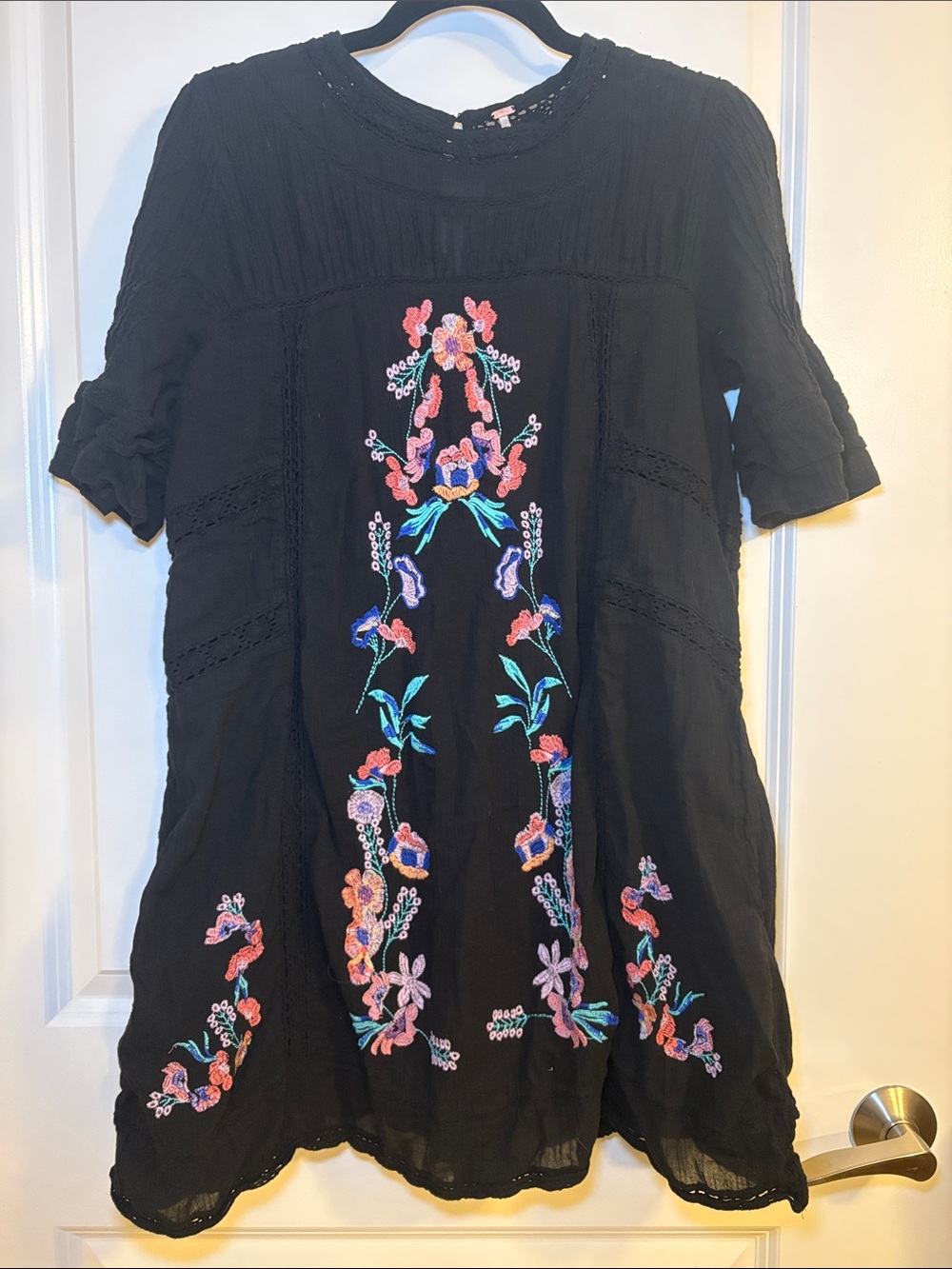 Free People Black Mini Dress with Colorful Floral Embroidery